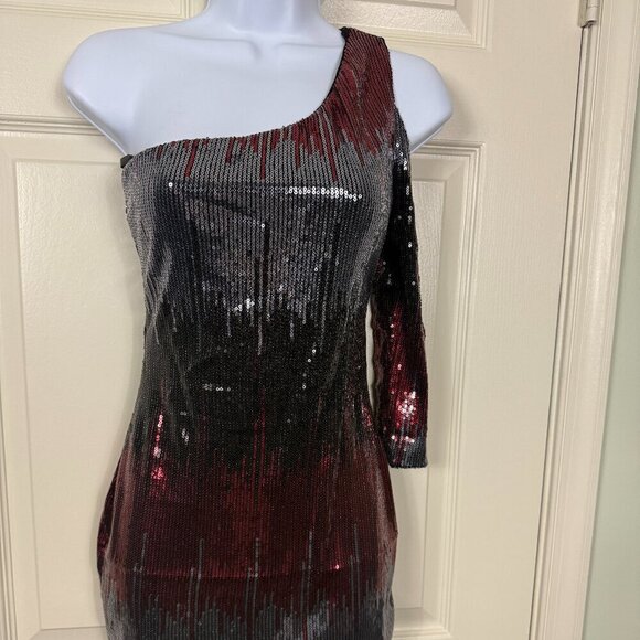 Frederick's of Hollywood One-Shoulder Sequin Dress Black Red XS New without tags - Picture 1 of 8